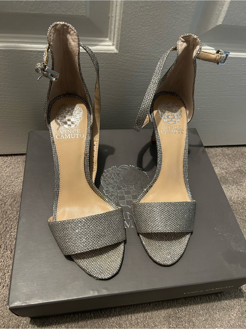 Vince Camuto Metallic Silver Open-Toe Ankle-Strap Heels